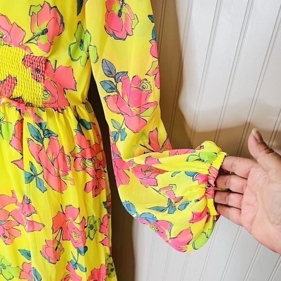 ASOS Design Sz 8 UK12 Soft Shirred Waist Open Back Maxi Dress Yellow Pink Floral - Picture 6 of 16